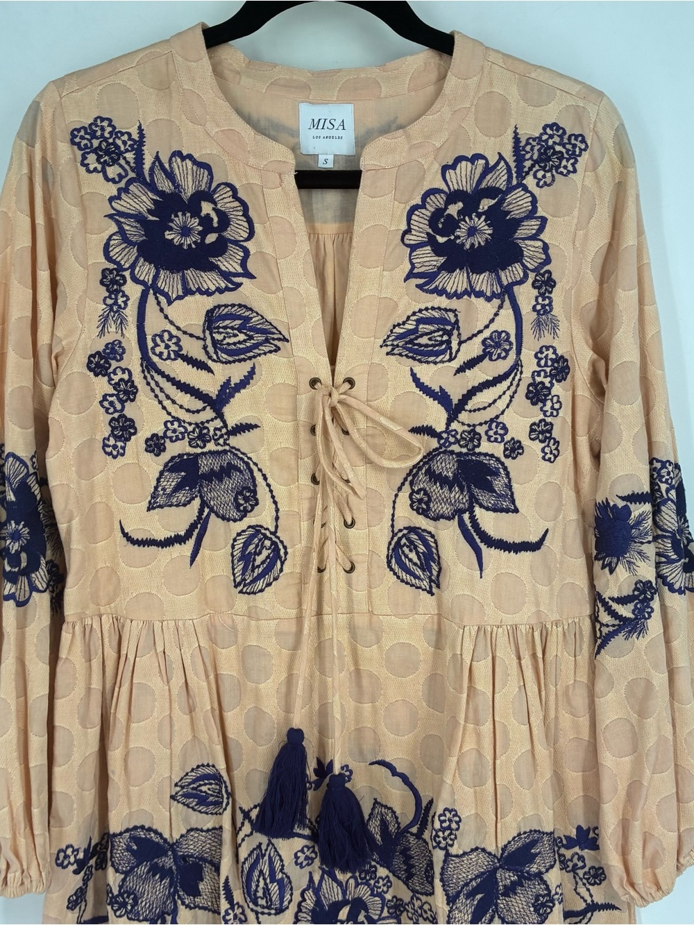 MISA Los Angeles Small Embroidered Floral Bohemian Dress Boho Cotton Polka Dot - Picture 3 of 7